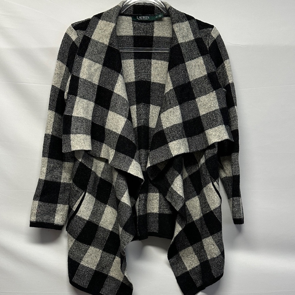 Lauren Ralph Lauren Buffalo Plaid Wool Open Waterfall Cardigan XS EUC - Picture 2 of 5